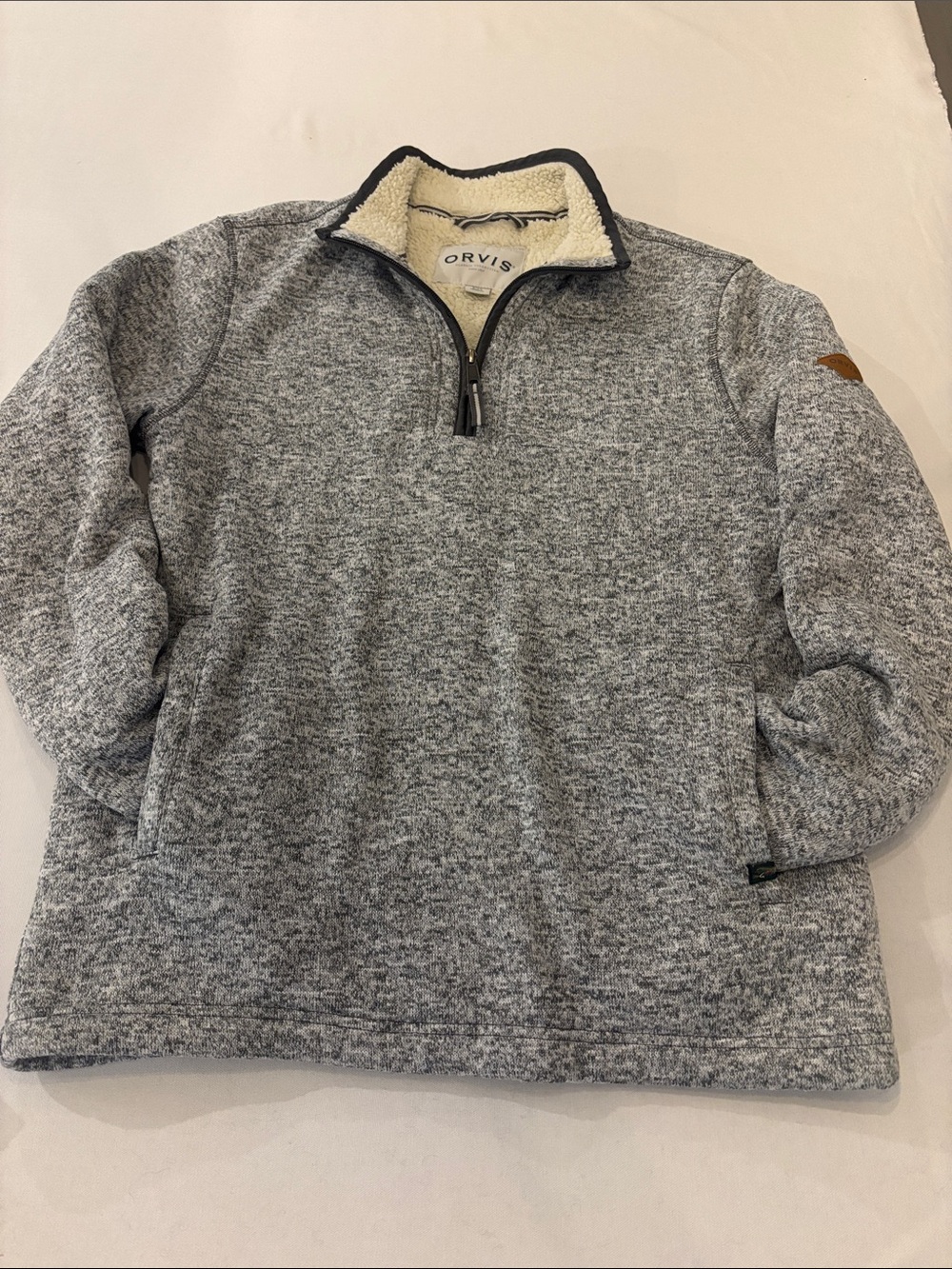 Orvis Men’s Marled Gray Sherpa-Lined 3/4 Zip pullover jacket. Small